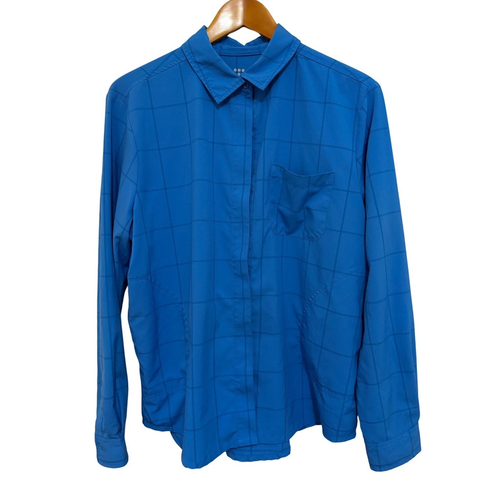 Title Nine Women Button Up L Blue Grid Snap Front Hiking Gorpcore TN-100482